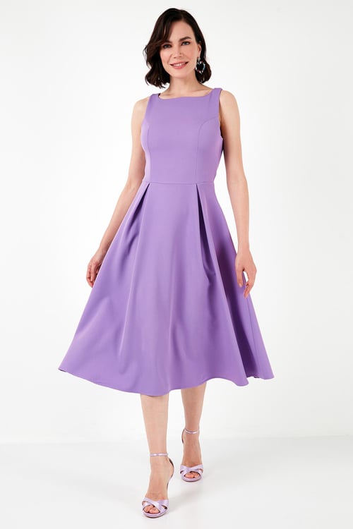 Lela Bisiklet Yaka Regular Fit Cepli Pileli Midi Bayan Elbise 6051963 LİLA