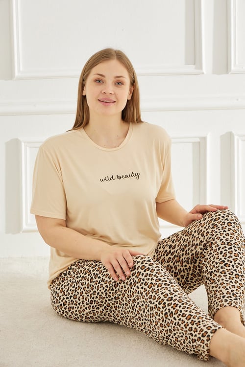 Lela Büyük Beden Desenli Regular Fit Kısa Kollu Rahat Kadın Pijama Takımı 65750502 SARI