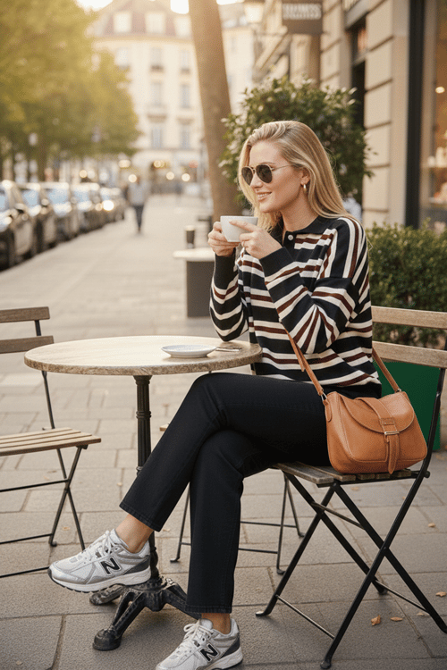 Lela Çizgili Oversize Fit Düğmeli Bayan Polo Yaka Kazak 4615259 SİYAH