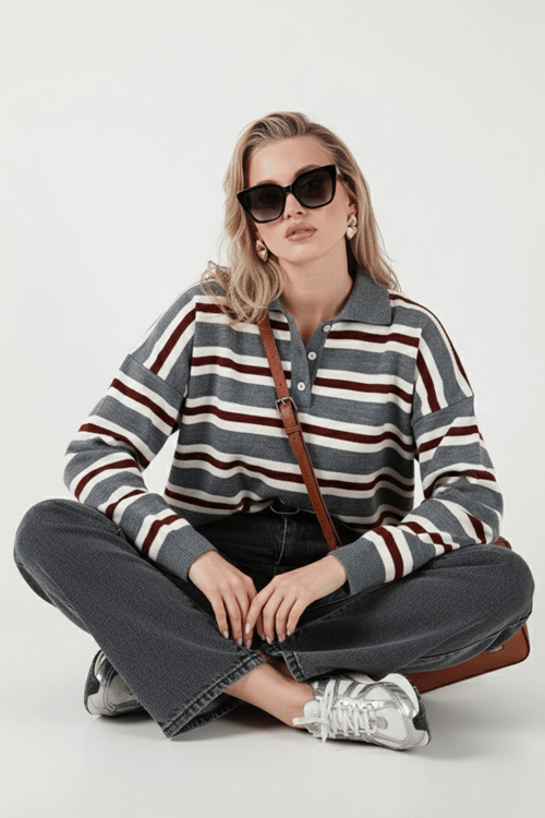 Lela Çizgili Oversize Fit Düğmeli Bayan Polo Yaka Kazak 4615259 GRİ