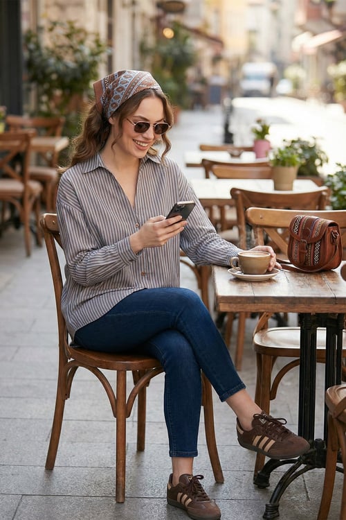 Lela Çizgili Oversize Fit Klasik Yaka Uzun Kollu Bayan Gömlek 6925475 KAHVE