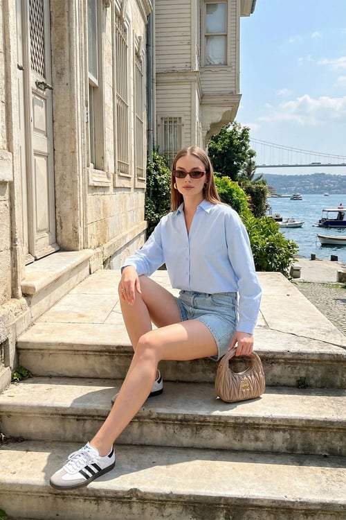 Lela Çizgili Oversize Fit Klasik Yaka Uzun Kollu Bayan Gömlek 6925437 MAVİ