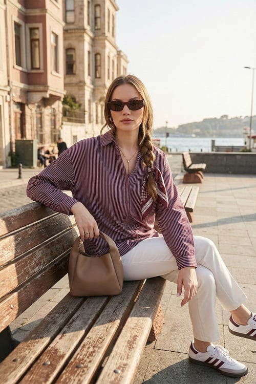 Lela Çizgili Oversize Fit Klasik Yaka Uzun Kollu Bayan Gömlek 6925437 BORDO