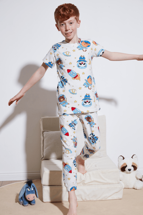 Lela Desenli % 100 Pamuk Bisiklet Yaka Erkek Çocuk Pijama Takımı 6651003 EKRU-MAVİ
