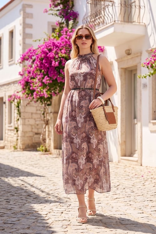Lela Desenli Halter Yaka Kolsuz Kemerli Maxi Şifon Kadın Elbise 6525724 LİLA