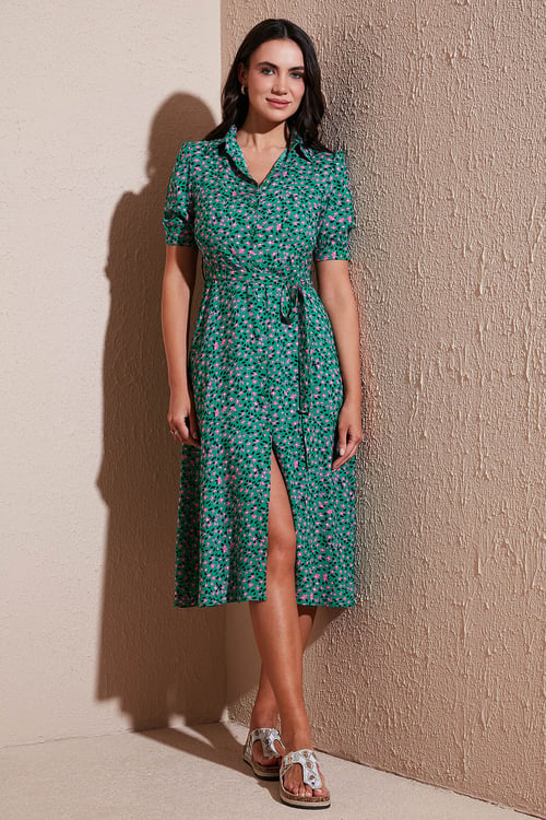 Lela Desenli Regular Fit Yırtmaçlı Midi Boy Kemerli Gömlek Bayan Elbise 6782106 YEŞİL