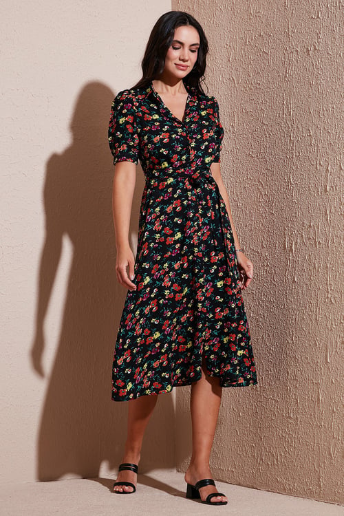 Lela Desenli Regular Fit Yırtmaçlı Midi Boy Kemerli Gömlek Bayan Elbise 6782106 SİYAH