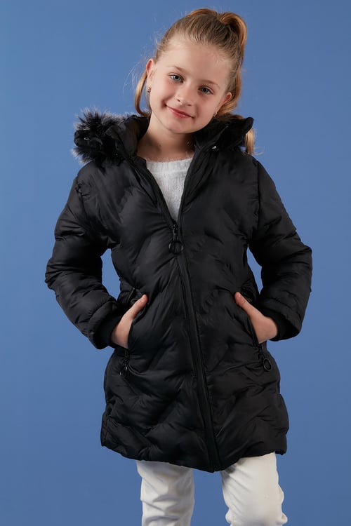 Lela İçi Peluş Astarlı Çıkarılabilir Kapüşonlu Cepli Kışlık Kız Çocuk Mont 5760004 SİYAH