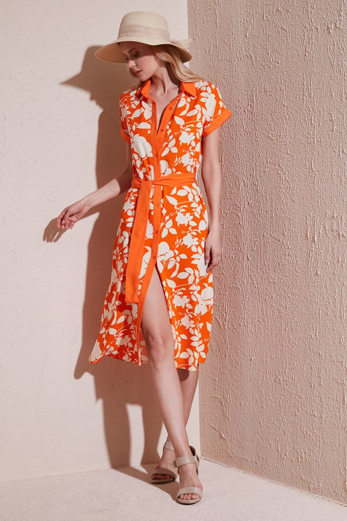 Kemerli Regular Fit Midi Gömlek Kadın Elbise 66924552S4 EKRU-ORANGE