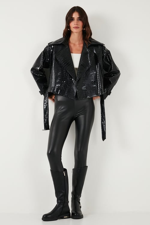 Lela Krokodil Oversize Fit Kruvaze Yaka Kemer Detaylı Bayan Deri Ceket 6839632 SİYAH