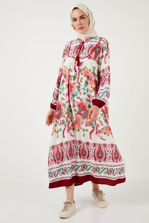 Modest Desenli Regular Fit Bağlamalı V Yaka Maxi Kadın Elbise 611EL510 BORDO
