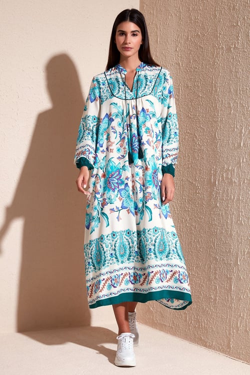 Modest Desenli Regular Fit Bağlamalı V Yaka Maxi Kadın Elbise 611EL510 YEŞİL