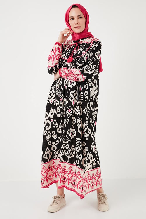 Modest Desenli Regular Fit Bağlamalı V Yaka Maxi Kadın Elbise 611EL510 SİYAH