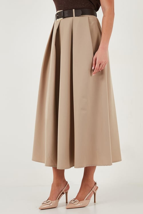 Lela Modest Kemerli Comfort Fit Yüksek Bel Pileli Kloş Uzun Tesettür Bayan Etek 6833360 CAMEL