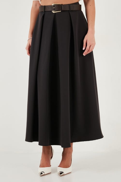 Lela Modest Kemerli Comfort Fit Yüksek Bel Pileli Kloş Uzun Tesettür Bayan Etek 6833360 KOYU KAHVE
