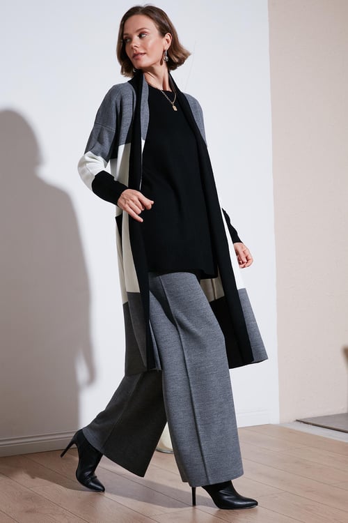 Lela Modest Regular Fit Renk Bloklu Uzun Tesettür Triko Bayan Hırka 4616172 SİYAH