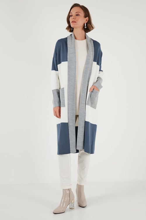 Lela Modest Regular Fit Renk Bloklu Uzun Tesettür Triko Bayan Hırka 4616172 AÇIK GRİ