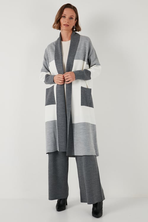 Lela Modest Regular Fit Renk Bloklu Uzun Tesettür Triko Bayan Hırka 4616172 KOYU GRİ