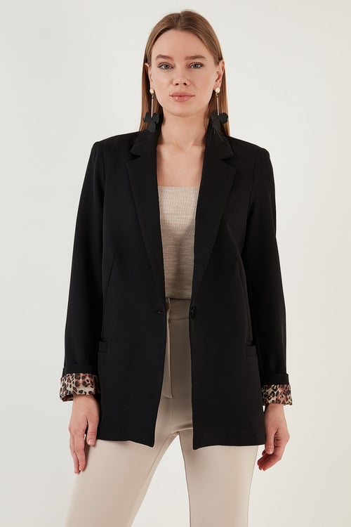 Lela Mono Yaka Rahat Kesim Astarı Leopar Desenli Klasik Bayan Ceket 6524002 SİYAH