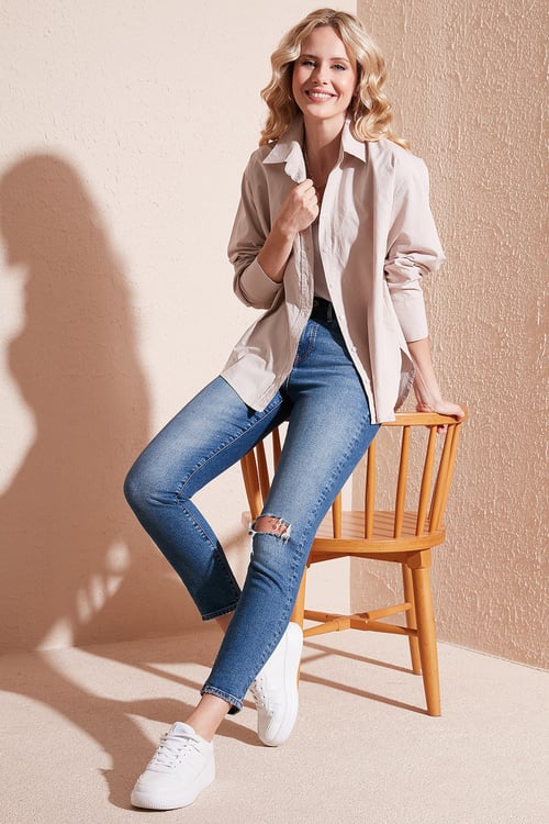 Lela Oversize % 100 Pamuk Poplin Bayan Gömlek CF21S163867 TAŞ
