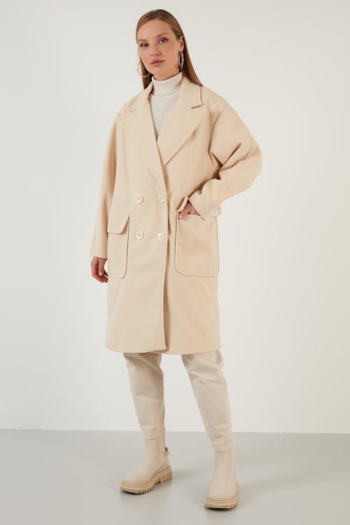 Lela Oversize Çift Düğmeli Kruvaze Yaka Uzun Bayan Kaban 6230043 TAŞ