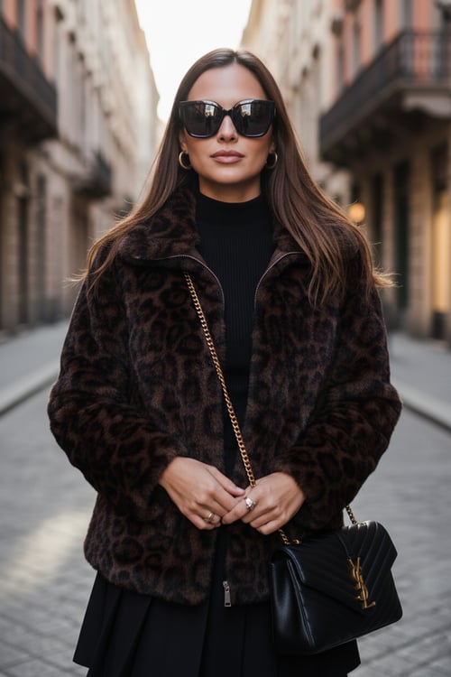 Lela Oversize Fit Dik Yaka Fermuarlı Bayan Kürk 497ZETA LEOPAR