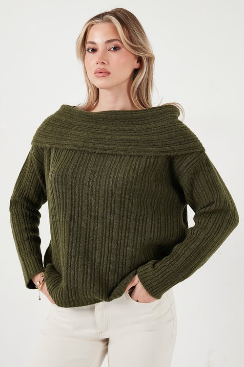 Lela Oversize Fit Madonna Yaka Triko Bayan Kazak 4615216 HAKİ