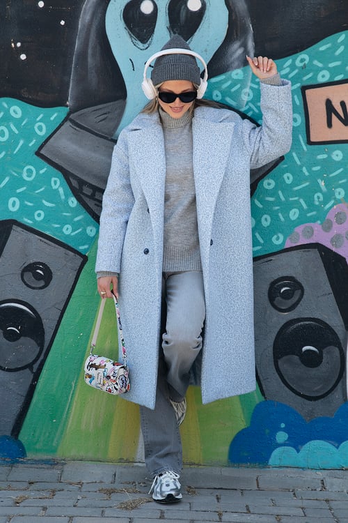 Lela Oversize Fit Mono Yaka Düğmeli Buklet Uzun Kaşe Bayan Kaban 6810236 BEBE MAVİ
