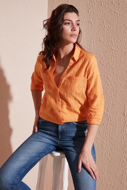 Lela Pamuklu Çift Cepli Slim Fit Katlanabilir Kollu İnce Bayan Gömlek 514257520 ORANGE