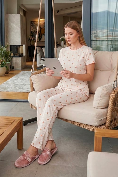 Lela Pamuklu Regular Fit Bisiklet Yaka Kısa Kollu Desenli Rahat Kadın Pijama Takımı 65770753 EKRU