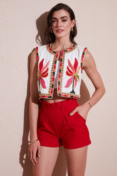 Lela Pamuklu Regular Fit Çiçekli Nakış İşlemeli Crop Bayan Yelek 676291 EKRU