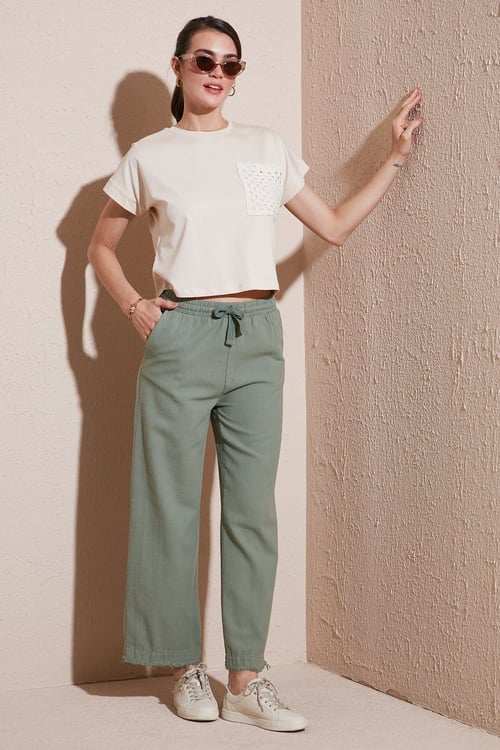 Lela Pamuklu Relaxed Fit Yüksek Bel Geniş Paça Bayan Pantolon 668YP5275 HAKİ