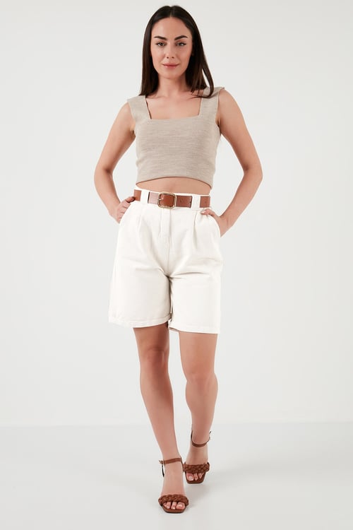 Lela Pamuklu Relaxed Fit Yüksel Bel Kemerli Gabardin Short Bayan Şort 668YP4710 BEYAZ