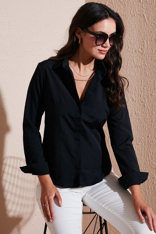 Lela Pamuklu Slim Fit Klasik Yaka Bayan Gömlek 6777423 SİYAH