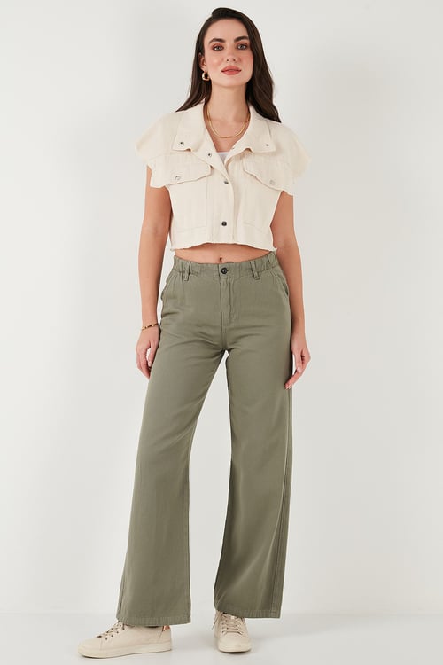 Lela Pamuklu Standart Fit Yüksek Bel Geniş Paça Bayan Pantolon 668YP5344 HAKİ
