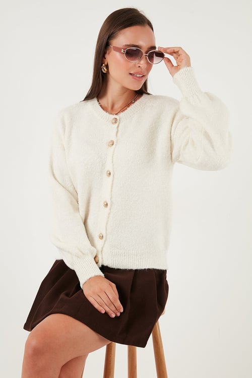 Lela Premium Regular Fit Bisiklet Yaka Yumuşak Dokulu Bayan Hırka 680HI00147 EKRU