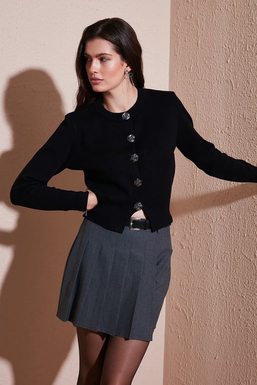 Lela Premium Regular Fit Yuvarlak Yaka Crop Triko Bayan Hırka 680HI00110 SİYAH