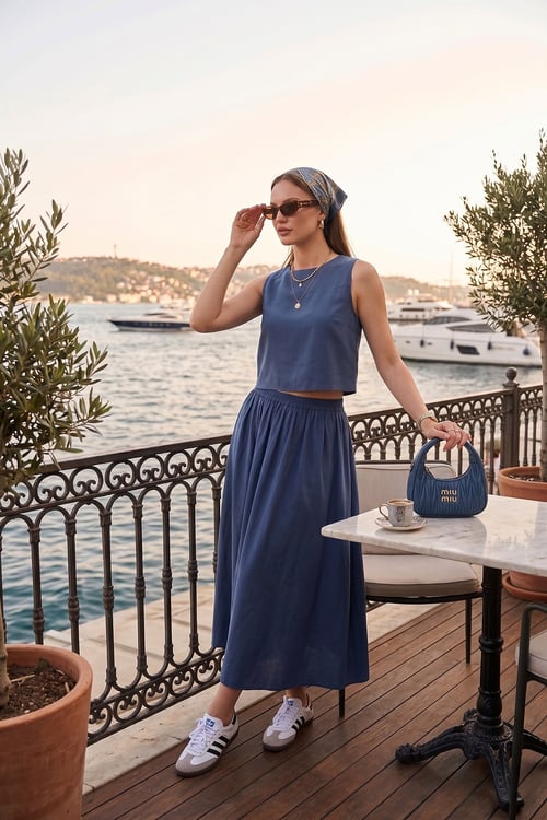 Lela Rahat Kalıp Kolsuz Midi Boy Etek Bluz Kadın Takım 5866953 LACİVERT