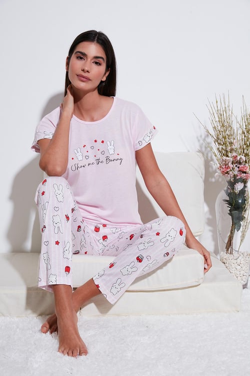 Lela Regular Fit Bisiklet Yaka Kısa Kollu Pijama Takım Bayan Pijama Takımı 6097310 TOZ PEMBE