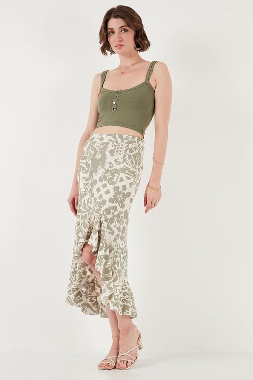 Lela Regular Fit Desenli Yüksek Bel Volanlı Midi Boy Yırtmaçlı Bayan Etek 5869013 Olive