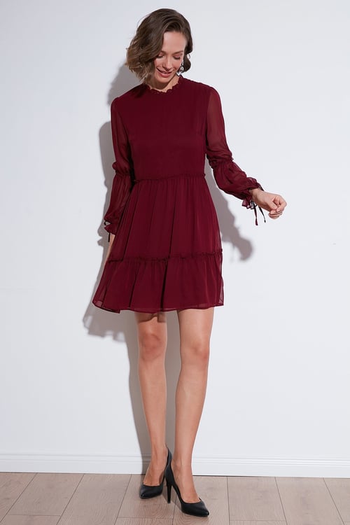 Lela Regular Fit Dik Yaka Büzgülü Astarlı Mini Abiye Kadın Elbise 611EL345 BORDO