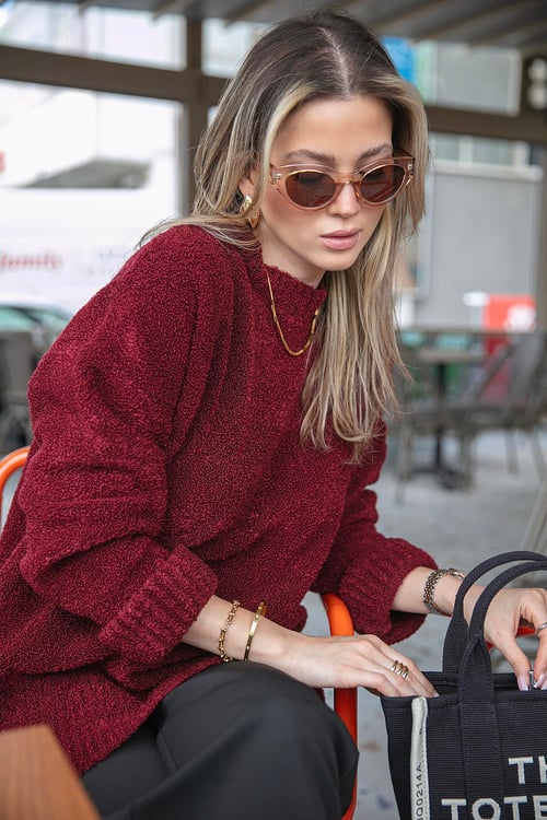 Lela Regular Fit Dik Yaka Yumuşak Dokulu Triko Bayan Kazak 4616222 BORDO