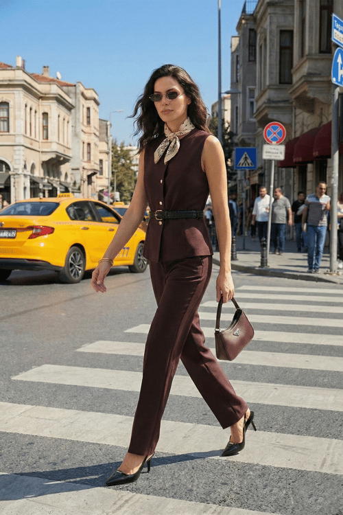 Lela Regular Fit Düğme Kemer Detaylı Yelekli Bayan Takım 6928891 MÜRDÜM