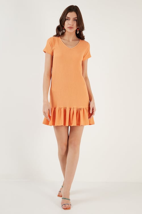 Lela Regular Fit Fırfırlı V Yaka Bürümcük Mini Bayan Elbise 5865071 AÇIK ORANJ