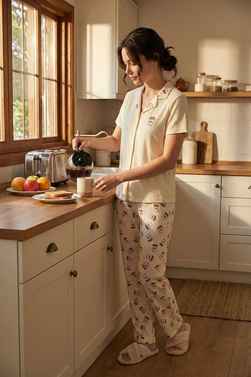 Lela Regular Fit Gömlek Yaka Kısa Kollu Kadın Pijama Takımı 65740102 BEJ-PEMBE