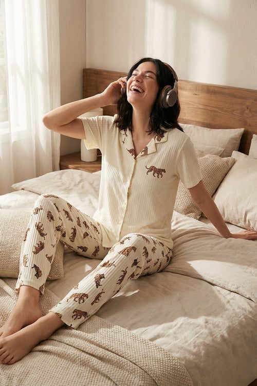 Regular Fit Gömlek Yaka Kısa Kollu Kadın Pijama Takımı 65740102 BEJ