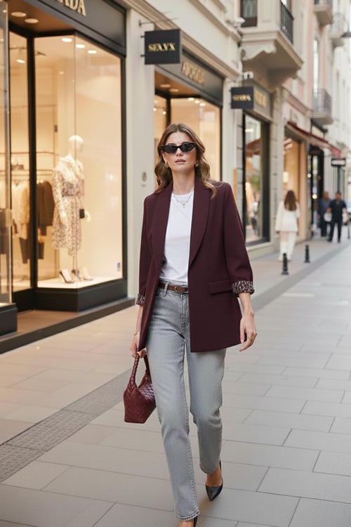 Lela Regular Fit Klasik Yaka Desenli Astar Detaylı Blazer Bayan Ceket 6839227 MÜRDÜM