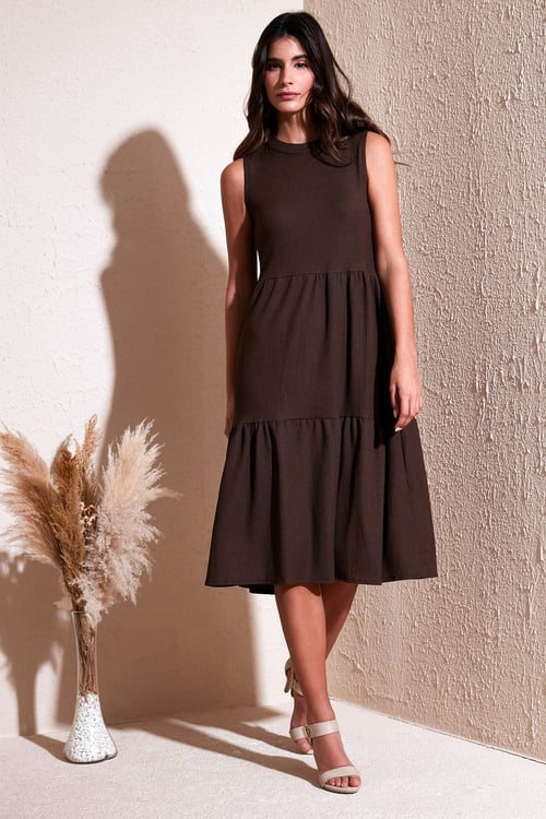 Lela Regular Fit Kolsuz Midi Bayan Elbise 5869008 KAHVE