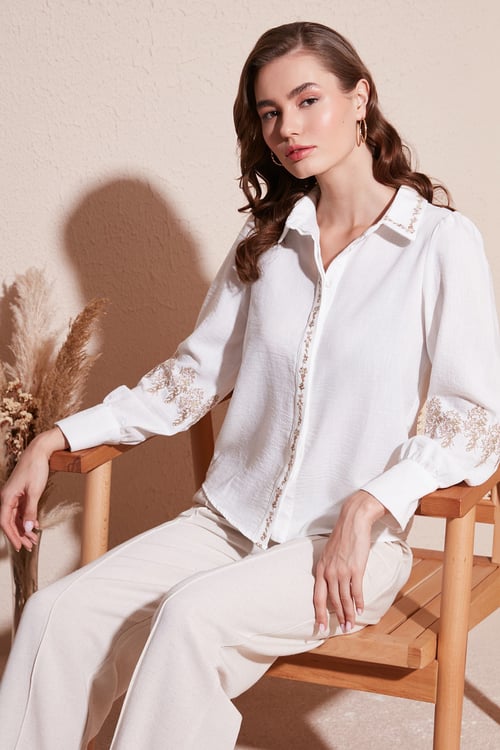 Lela Regular Fit Nakış İşlemeli Bayan Gömlek 611GO0201 EKRU