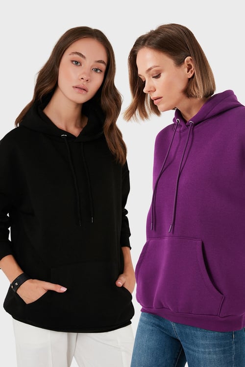 Lela Regular Fit Pamuklu Kapüşonlu Yaka Şardonlu Kışlık 2'li Paket Bayan Sweat 5863854S2 Mor-Siyah